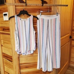Cloth & Stone 2pc Striped Top & Pant Raw Hemline Linen Blend Sz Small